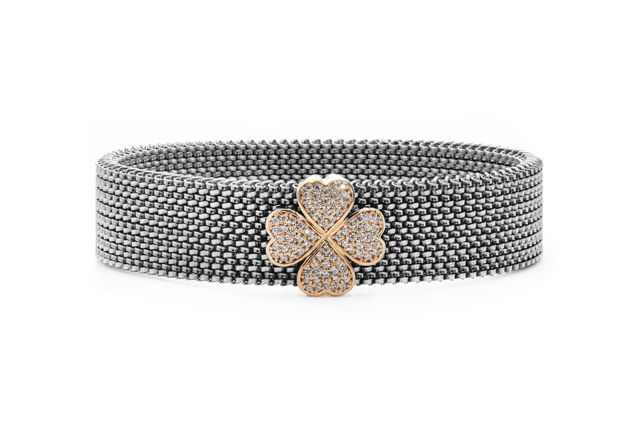 bracciale acciaio elastico quadrifoglio argento pavé di zirconi