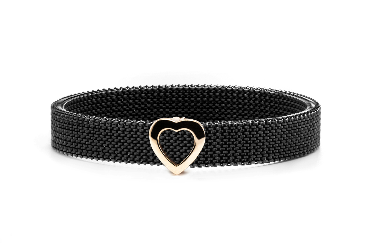 Bracciale acciaio elastico con decorazione in argento a forma di cuore dorato