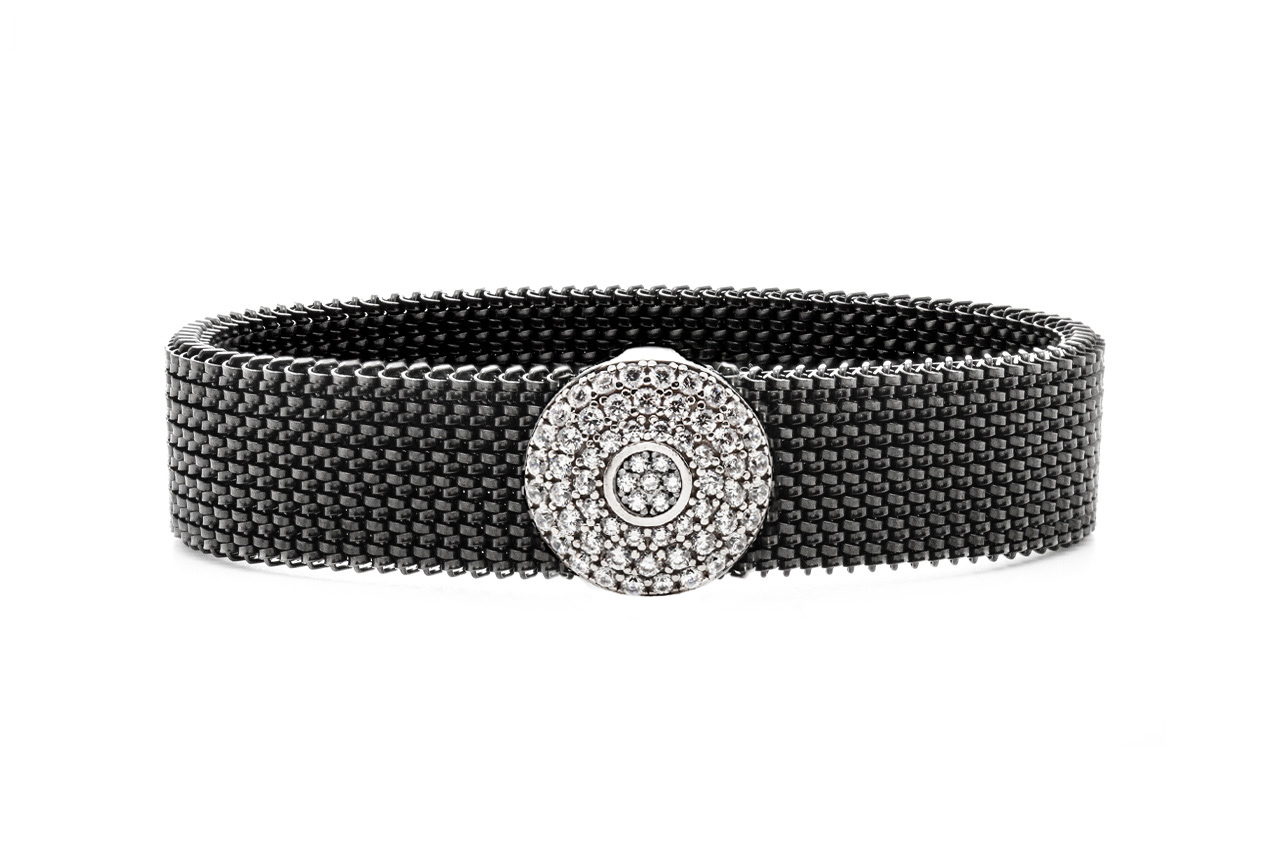 bracciale acciaio elastico con decorazione in argento e pavé di zirconi bianchi