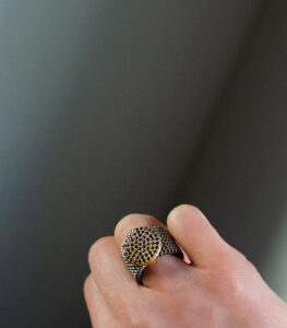 Elastic steel ring with silver decoration and zirconia