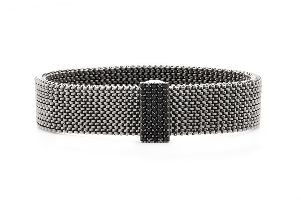 Bracciale acciaio elastico con decorazione in argento e zirconi neri