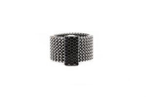 Elastic steel ring with silver decoration and black zirconia